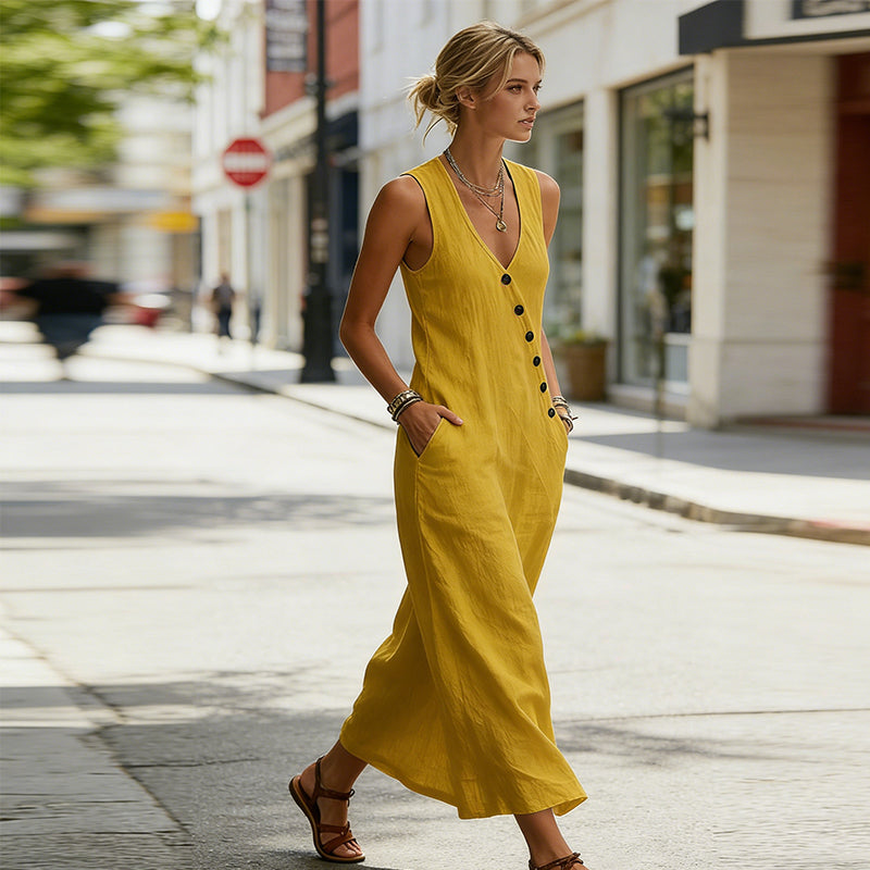 💎 50% OFF WOMEN'S MAXI DRESS WITH POCKETS ! 💎 V-Neck, Cotton-Linen Blend & Chic Asymmetrical Buttons ✨