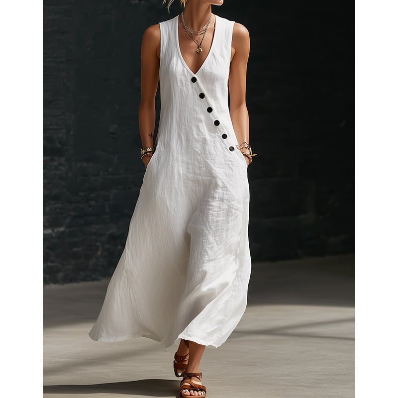 💎 50% OFF WOMEN'S MAXI DRESS WITH POCKETS ! 💎 V-Neck, Cotton-Linen Blend & Chic Asymmetrical Buttons ✨