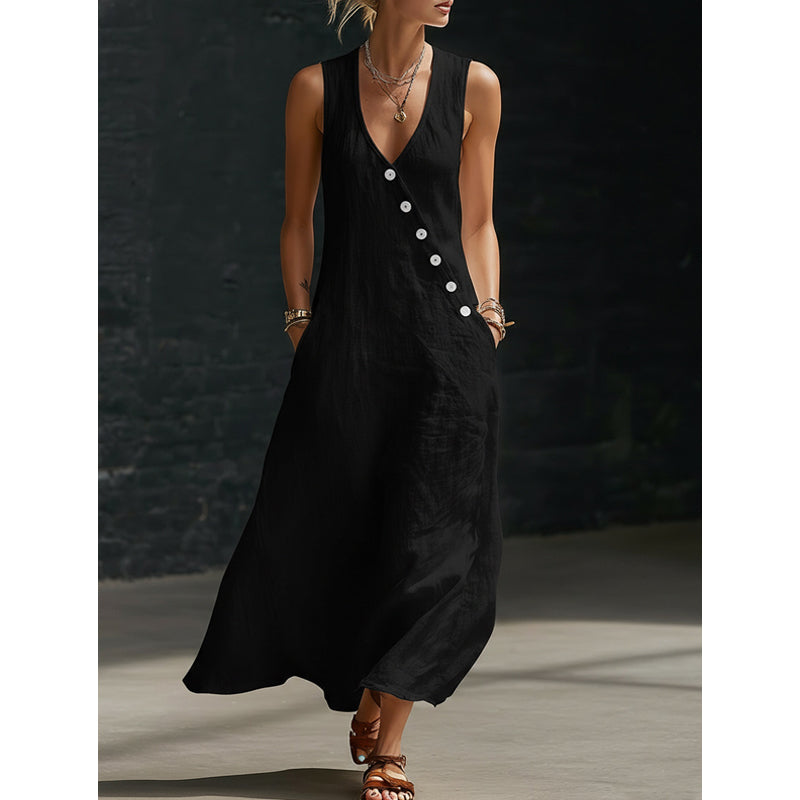 💎 50% OFF WOMEN'S MAXI DRESS WITH POCKETS ! 💎 V-Neck, Cotton-Linen Blend & Chic Asymmetrical Buttons ✨