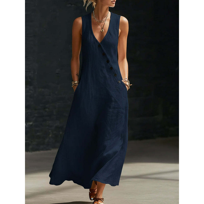 💎 50% OFF WOMEN'S MAXI DRESS WITH POCKETS ! 💎 V-Neck, Cotton-Linen Blend & Chic Asymmetrical Buttons ✨