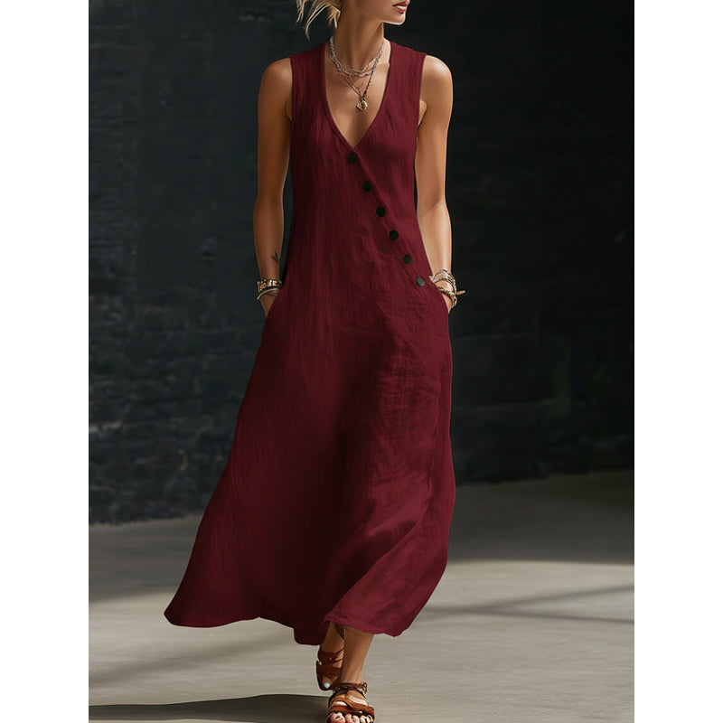 💎 50% OFF WOMEN'S MAXI DRESS WITH POCKETS ! 💎 V-Neck, Cotton-Linen Blend & Chic Asymmetrical Buttons ✨