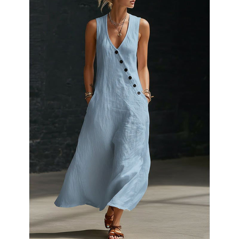 💎 50% OFF WOMEN'S MAXI DRESS WITH POCKETS ! 💎 V-Neck, Cotton-Linen Blend & Chic Asymmetrical Buttons ✨