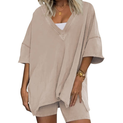 Women's Casual V-Neck Side-Slit Top and Shorts Set