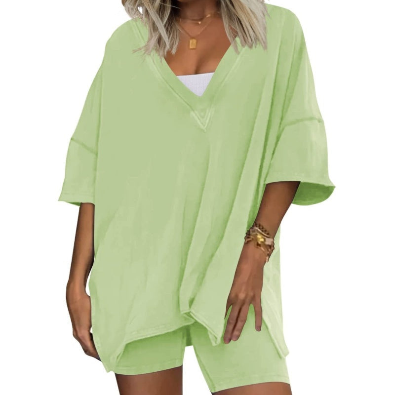 Women's Casual V-Neck Side-Slit Top and Shorts Set