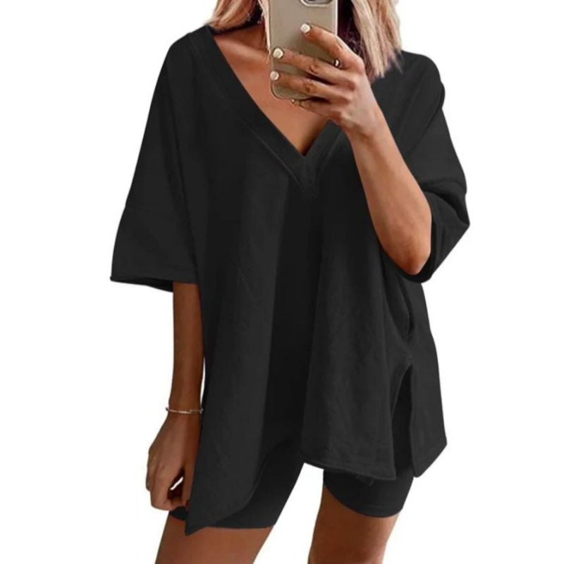 Women's Casual V-Neck Side-Slit Top and Shorts Set