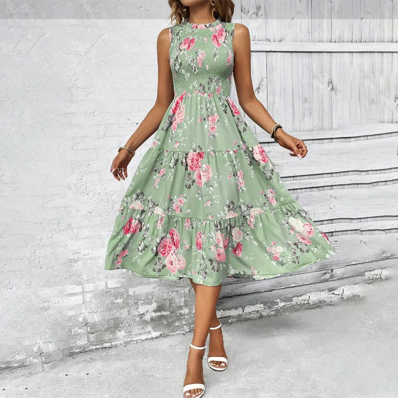 👗New Arrivals 50% OFF💥Women’s Sleeveless Floral Print Casual Dress – Smocked Bodice, Tiered Skirt, Midi Length ✨