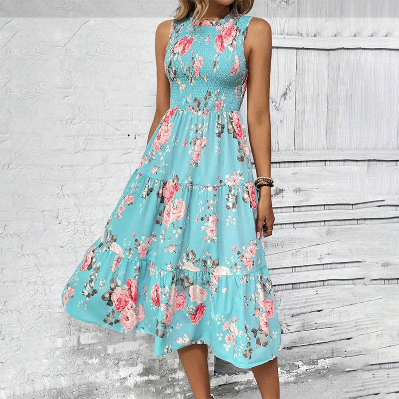 👗New Arrivals 50% OFF💥Women’s Sleeveless Floral Print Casual Dress – Smocked Bodice, Tiered Skirt, Midi Length ✨