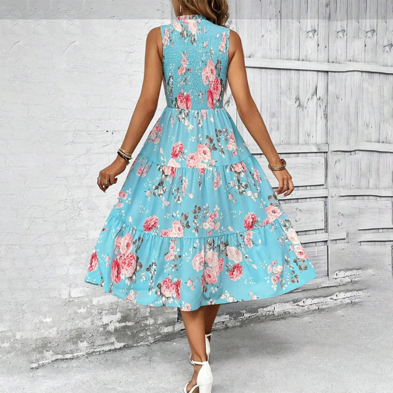 👗New Arrivals 50% OFF💥Women’s Sleeveless Floral Print Casual Dress – Smocked Bodice, Tiered Skirt, Midi Length ✨