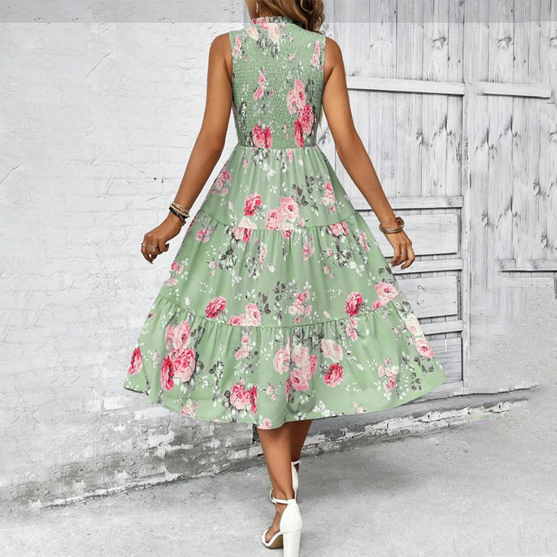 👗New Arrivals 50% OFF💥Women’s Sleeveless Floral Print Casual Dress – Smocked Bodice, Tiered Skirt, Midi Length ✨