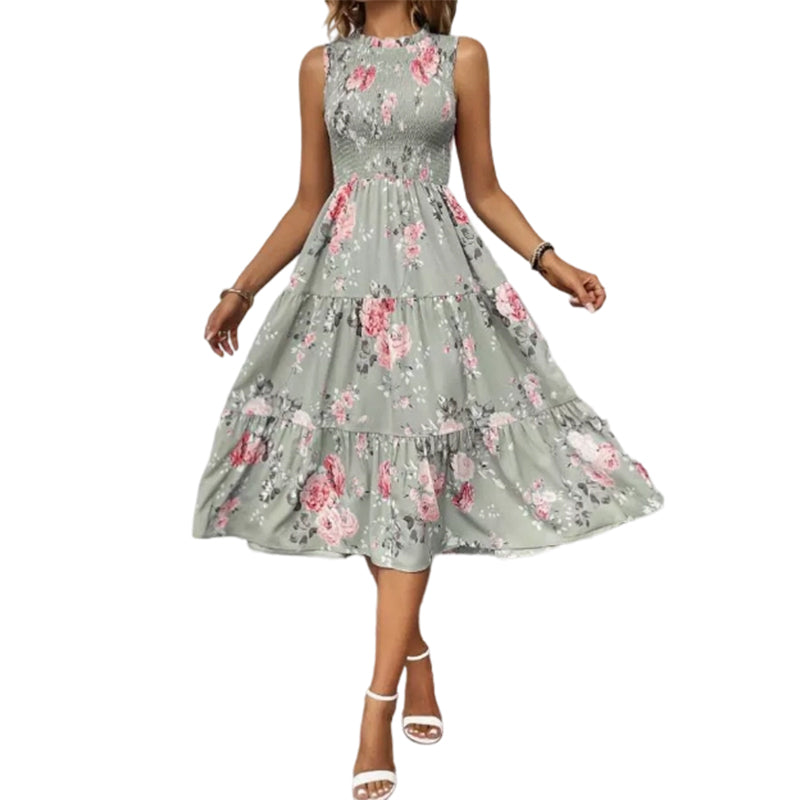 👗New Arrivals 50% OFF💥Women’s Sleeveless Floral Print Casual Dress – Smocked Bodice, Tiered Skirt, Midi Length ✨