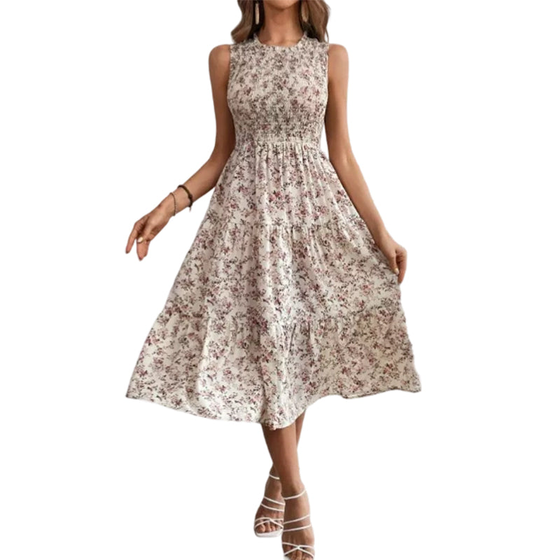👗New Arrivals 50% OFF💥Women’s Sleeveless Floral Print Casual Dress – Smocked Bodice, Tiered Skirt, Midi Length ✨