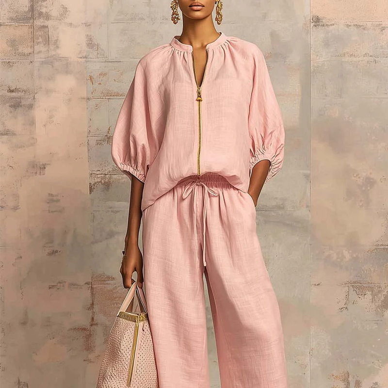 👚 50% OFF! 👖 Women's Solid Color 2-Piece Tracksuit – Puff Sleeve, Wide Leg, Zipper Detail ✨
