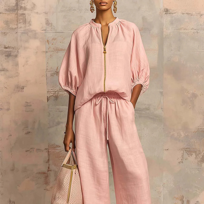 👚 50% OFF! 👖 Women's Solid Color 2-Piece Tracksuit – Puff Sleeve, Wide Leg, Zipper Detail ✨