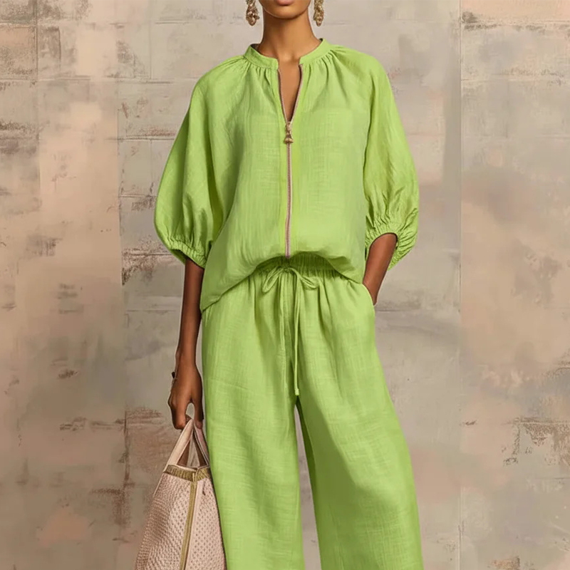 👚 50% OFF! 👖 Women's Solid Color 2-Piece Tracksuit – Puff Sleeve, Wide Leg, Zipper Detail ✨