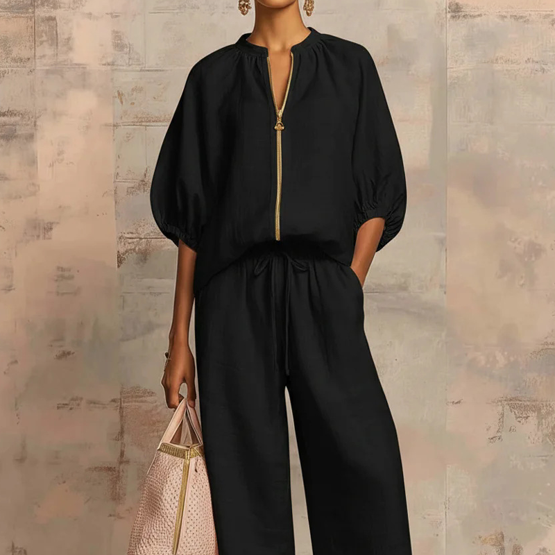 👚 50% OFF! 👖 Women's Solid Color 2-Piece Tracksuit – Puff Sleeve, Wide Leg, Zipper Detail ✨