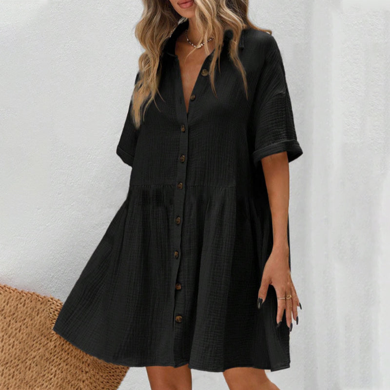 💃2026 Summer Sale-60% OFF💐Women's Short Sleeve Button Down Textured Babydoll Dress with Pockets