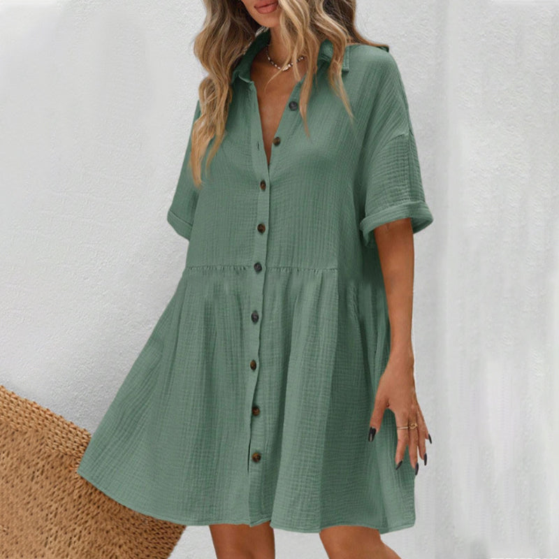💃2026 Summer Sale-60% OFF💐Women's Short Sleeve Button Down Textured Babydoll Dress with Pockets