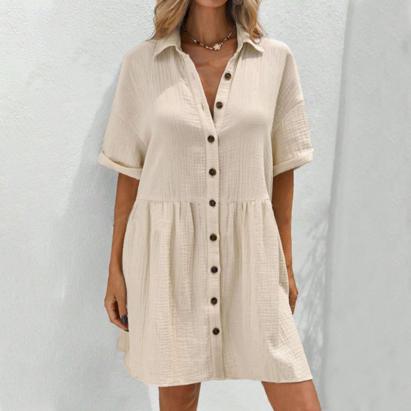 💃2026 Summer Sale-60% OFF💐Women's Short Sleeve Button Down Textured Babydoll Dress with Pockets