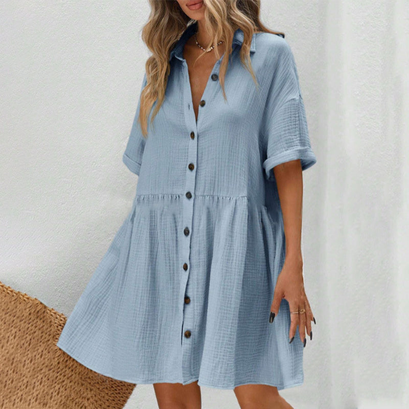 💃2026 Summer Sale-60% OFF💐Women's Short Sleeve Button Down Textured Babydoll Dress with Pockets