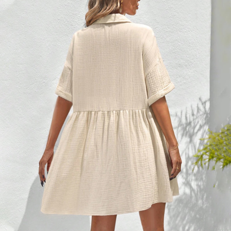 💃2026 Summer Sale-60% OFF💐Women's Short Sleeve Button Down Textured Babydoll Dress with Pockets