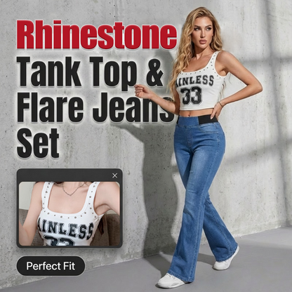 Chic Rhinestone Tank Top & Flare Jeans 2-Piece Set