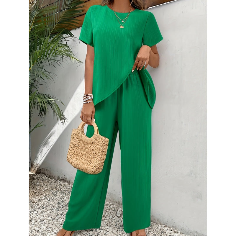 ⏰50% OFF! 💃 Women’s Casual Asymmetrical Top & Wide-Leg Pants Outfit – Flowy, Comfortable & Effortlessly Chic ✨🌿