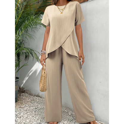 ⏰50% OFF! 💃 Women’s Casual Asymmetrical Top & Wide-Leg Pants Outfit – Flowy, Comfortable & Effortlessly Chic ✨🌿