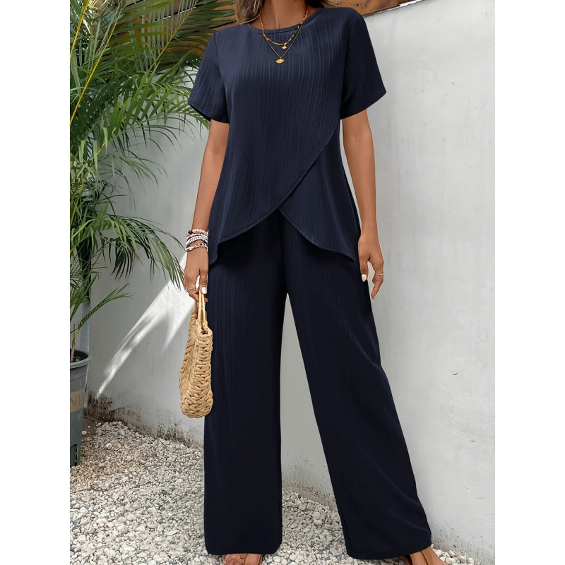 ⏰50% OFF! 💃 Women’s Casual Asymmetrical Top & Wide-Leg Pants Outfit – Flowy, Comfortable & Effortlessly Chic ✨🌿