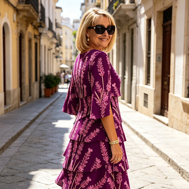 👗 50% OFF! ✨Tiered Midi Dress – Floral Pattern, Split Sleeves, Flowy, Elegant 🌸