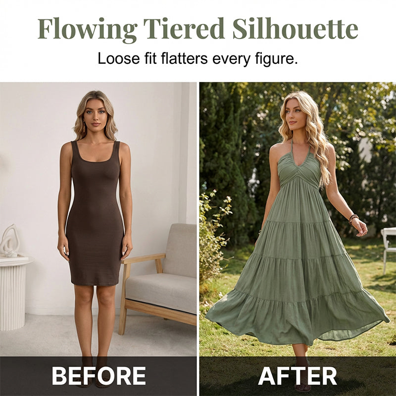 💛Women's Halter Neck Backless Tiered Maxi Dress🌊