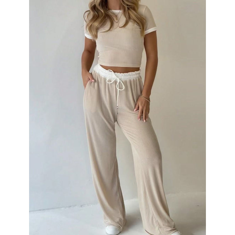 Contrast Trim Top & Wide Leg Pants Set