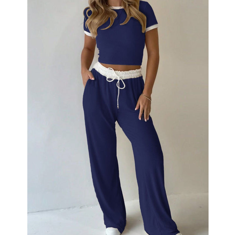 Contrast Trim Top & Wide Leg Pants Set