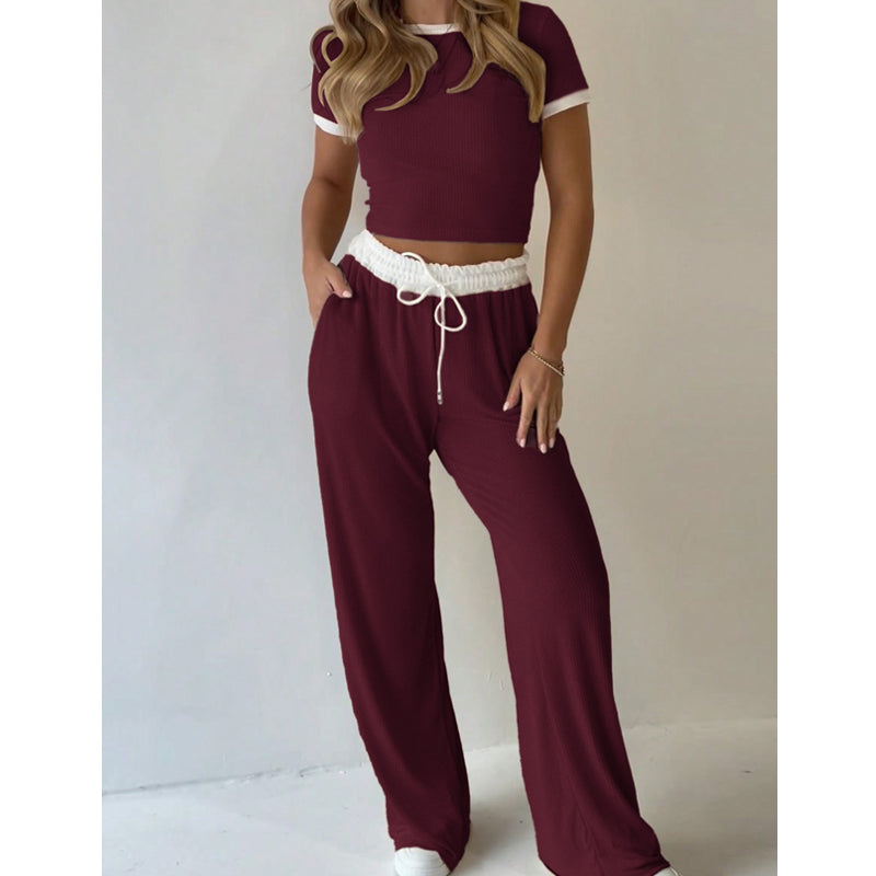 Contrast Trim Top & Wide Leg Pants Set