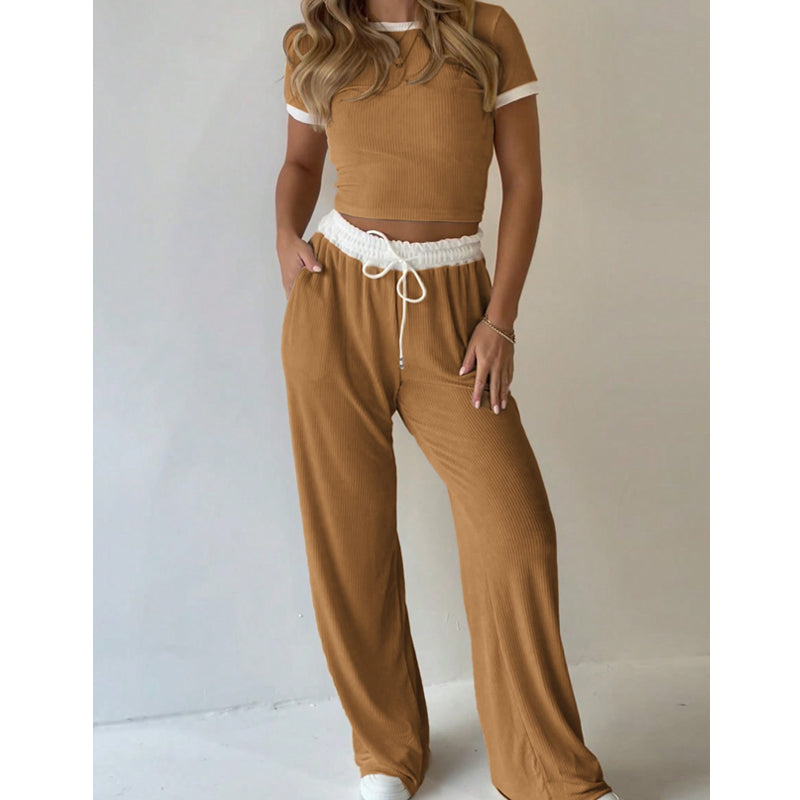 Contrast Trim Top & Wide Leg Pants Set