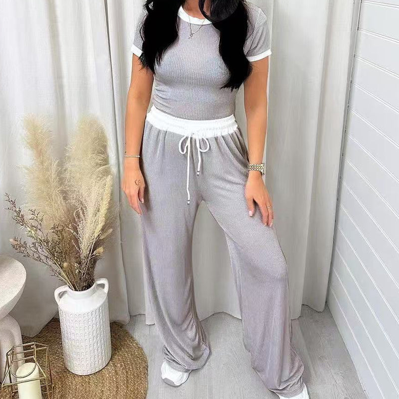 Contrast Trim Top & Wide Leg Pants Set