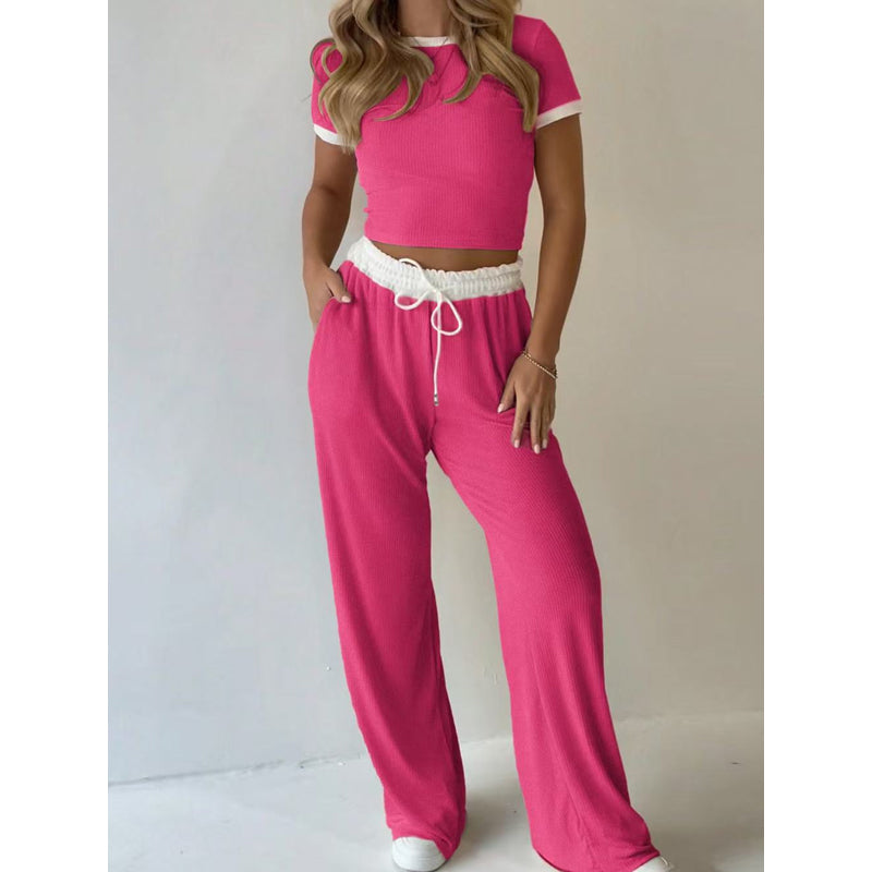 Contrast Trim Top & Wide Leg Pants Set