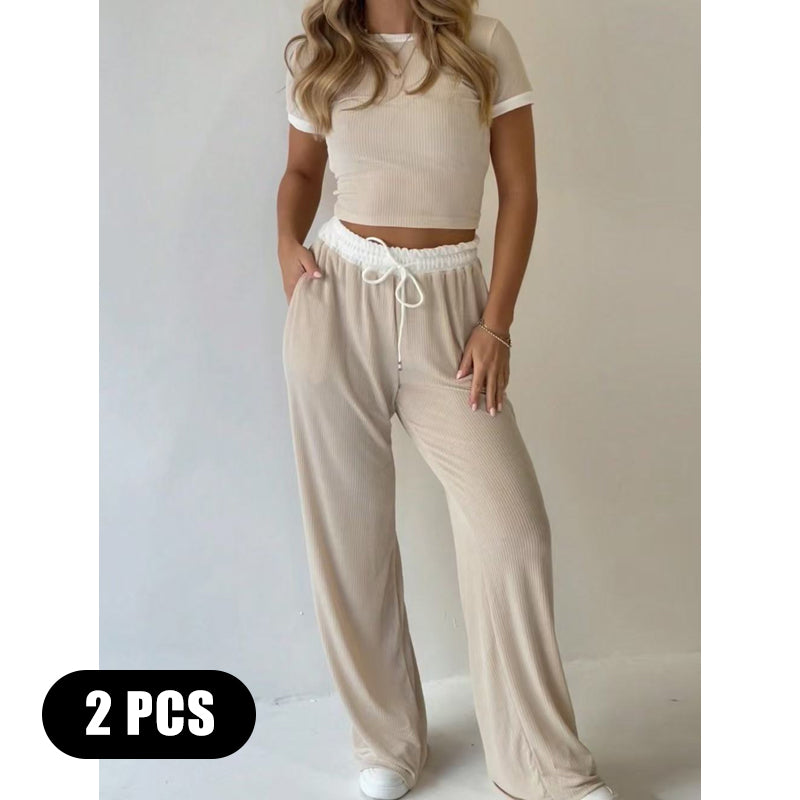Contrast Trim Top & Wide Leg Pants Set
