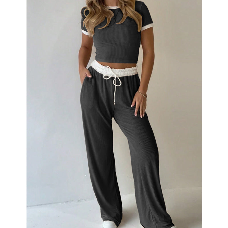 Contrast Trim Top & Wide Leg Pants Set