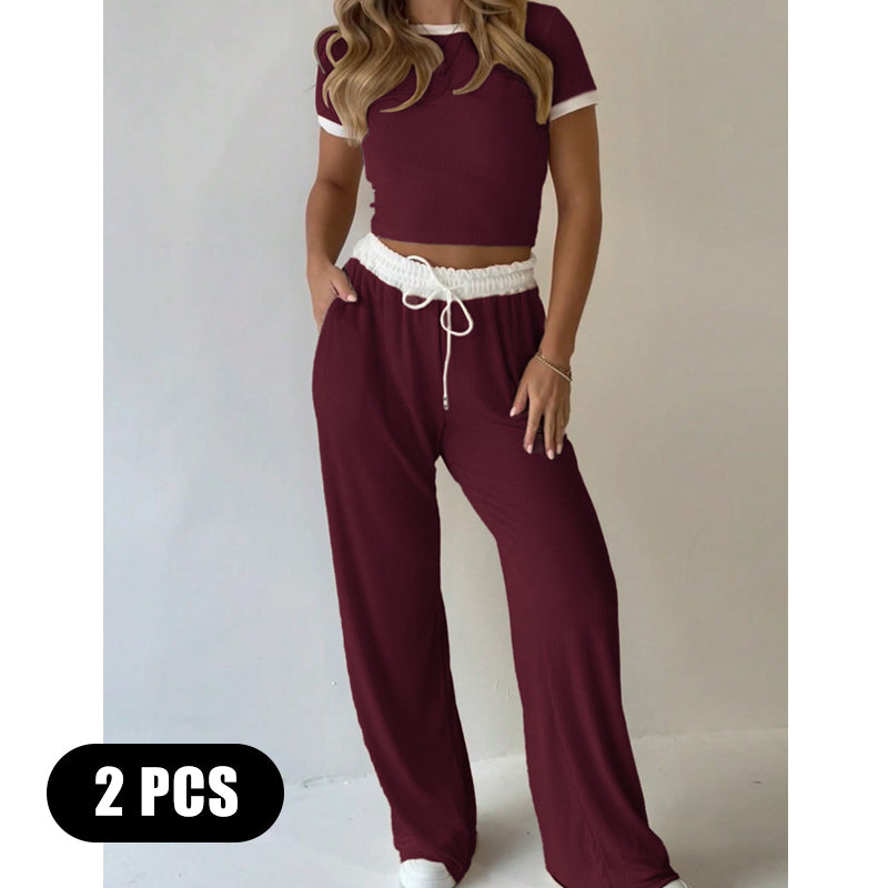 Contrast Trim Top & Wide Leg Pants Set