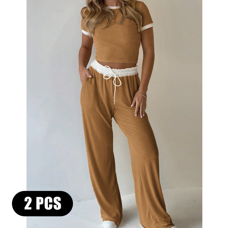 Contrast Trim Top & Wide Leg Pants Set
