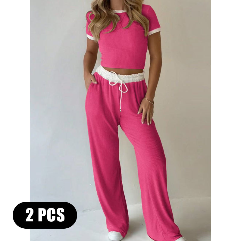 Contrast Trim Top & Wide Leg Pants Set
