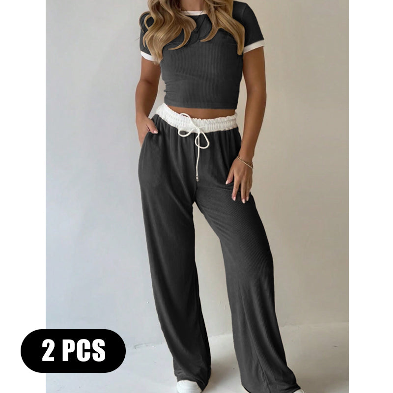 Contrast Trim Top & Wide Leg Pants Set