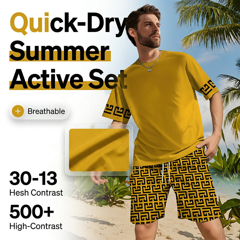 ⏰🔥TIME-LIMITED 50% OFF! 🏃‍♂️ Men’s Summer Tracksuit Set – Quick-Dry, Graphic & Stylish Yellow ✨