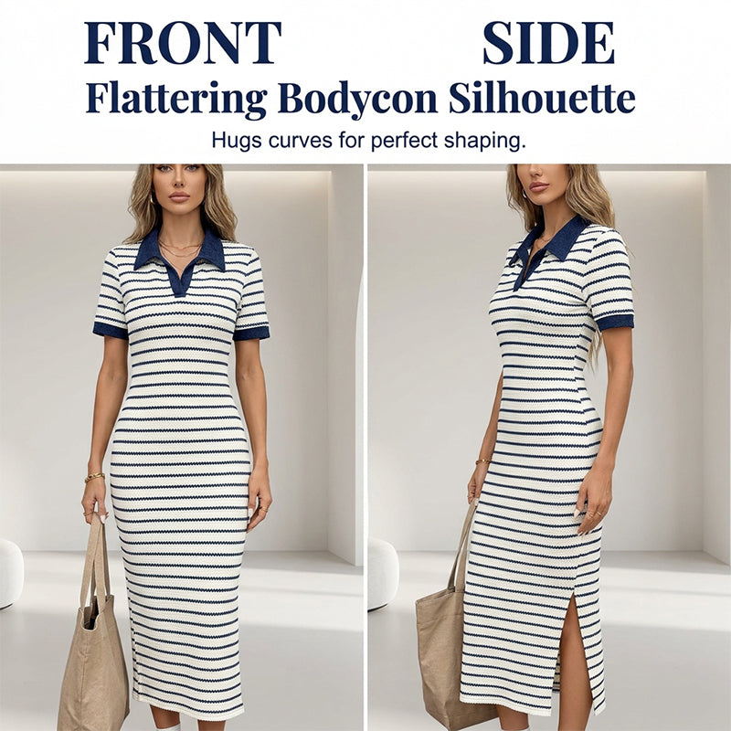 Flash Sale! ✨Stylish Striped Collared Short-Sleeve Dress👗Elegant & Slimming