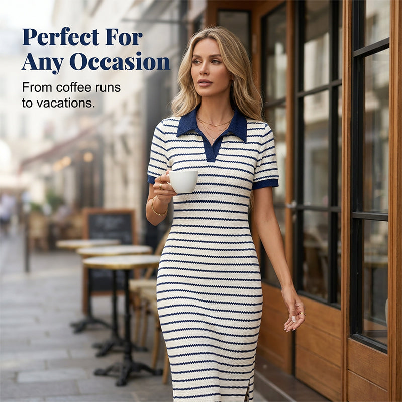 Flash Sale! ✨Stylish Striped Collared Short-Sleeve Dress👗Elegant & Slimming