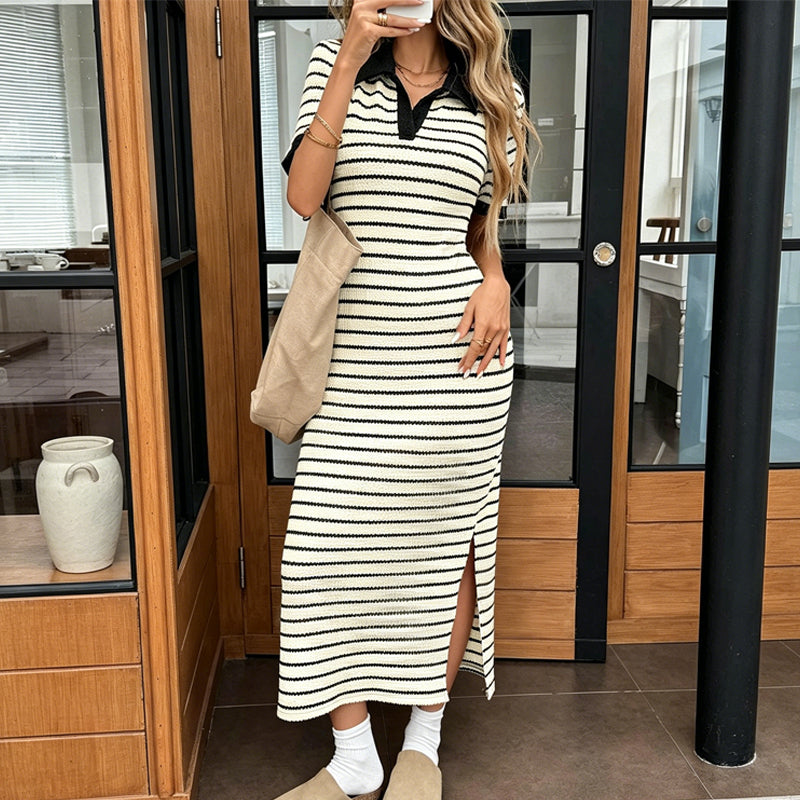 Flash Sale! ✨Stylish Striped Collared Short-Sleeve Dress👗Elegant & Slimming