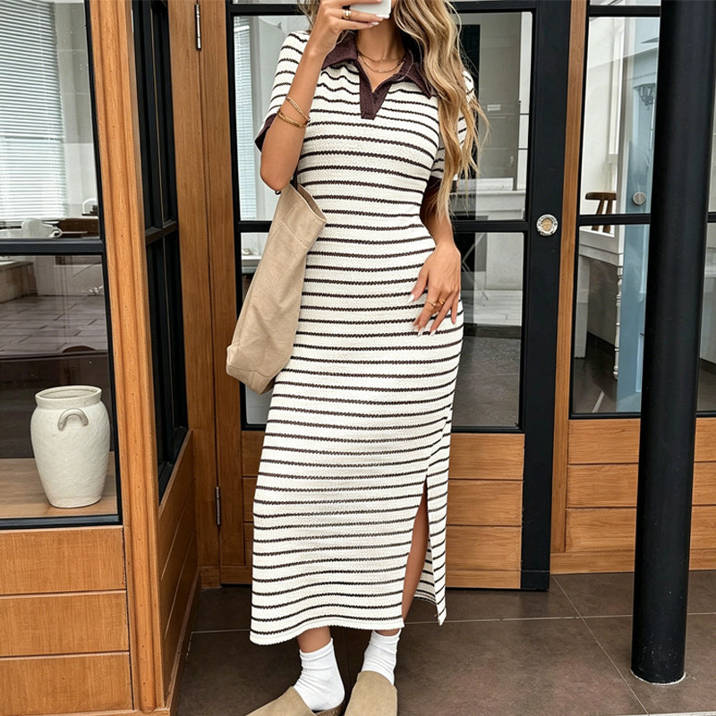 Flash Sale! ✨Stylish Striped Collared Short-Sleeve Dress👗Elegant & Slimming