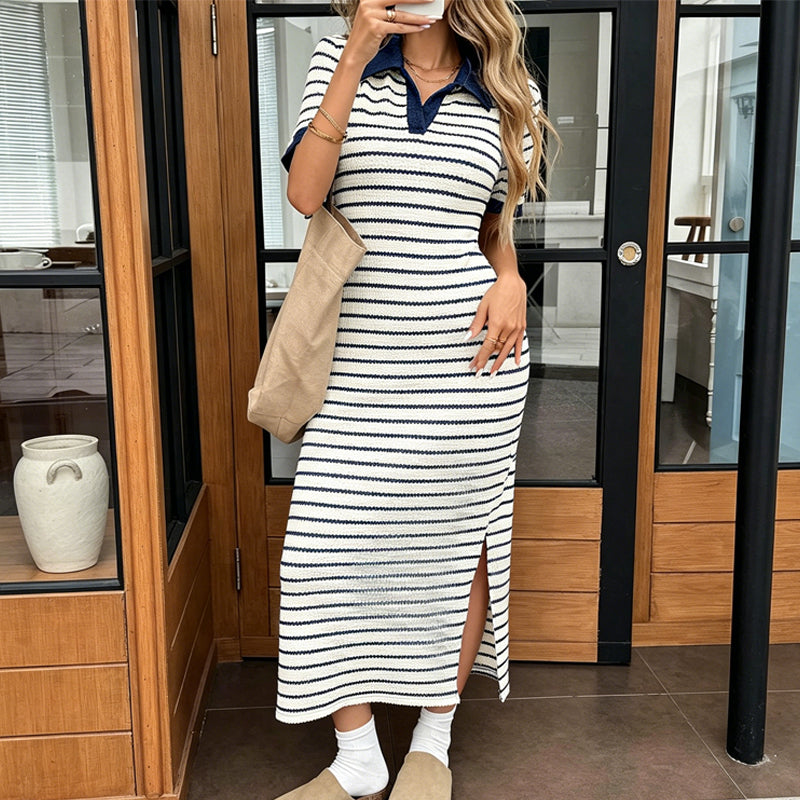 Flash Sale! ✨Stylish Striped Collared Short-Sleeve Dress👗Elegant & Slimming