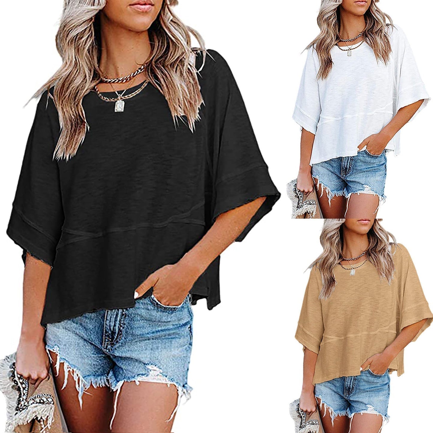 🎉 2026 Sale — Over 54,000 Sold! 👚 Women's Solid Color Splicing Loose Five Points Flare Sleeve T-Shirt – Breathable & Flowy 🌸