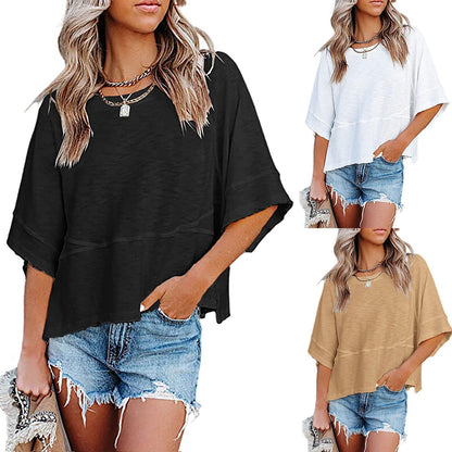 🎉 2026 Sale — Over 54,000 Sold! 👚 Women's Solid Color Splicing Loose Five Points Flare Sleeve T-Shirt – Breathable & Flowy 🌸